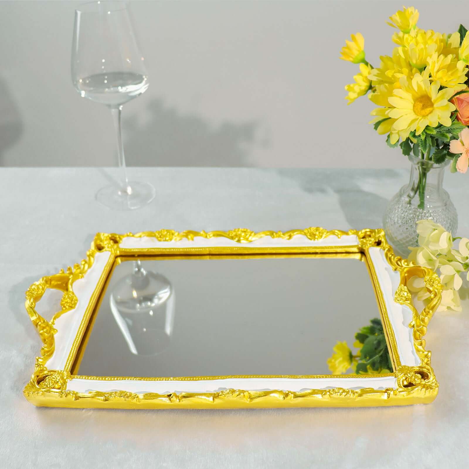 Resin Mirrored Rectangle Serving Tray 15"x10" in White with Gold Baroque Design, Stylish Decorative Vanity Tray Centerpiece