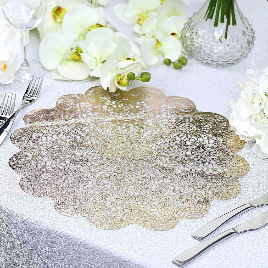 6-Pack Dining Table Mats Floral Lace Design Gold - Vinyl Non-Slip Surface with Vintage Appeal 15"