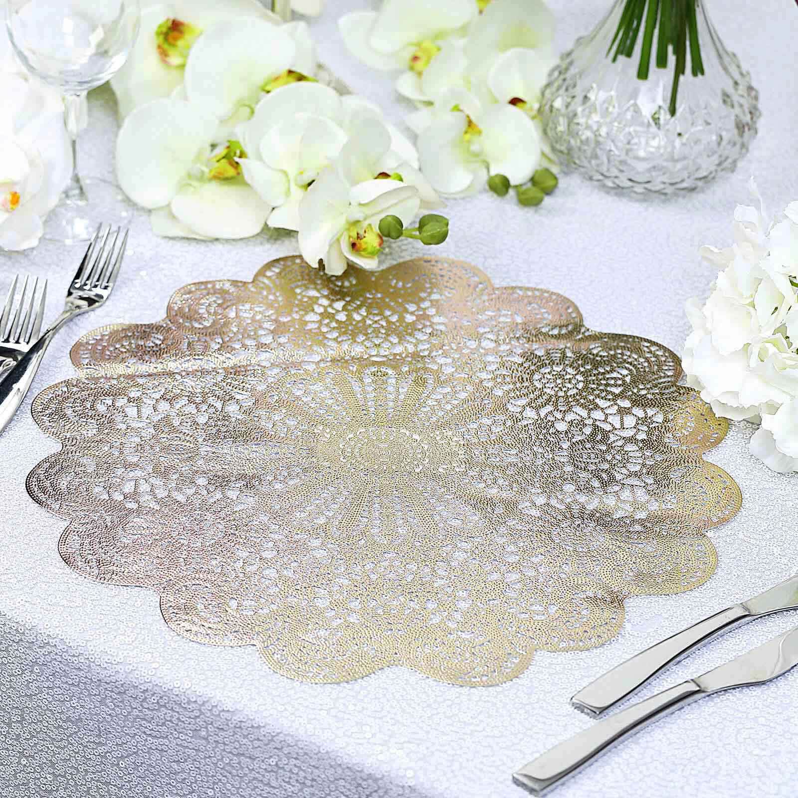 6-Pack Dining Table Mats Floral Lace Design Gold - Vinyl Non-Slip Surface with Vintage Appeal 15"