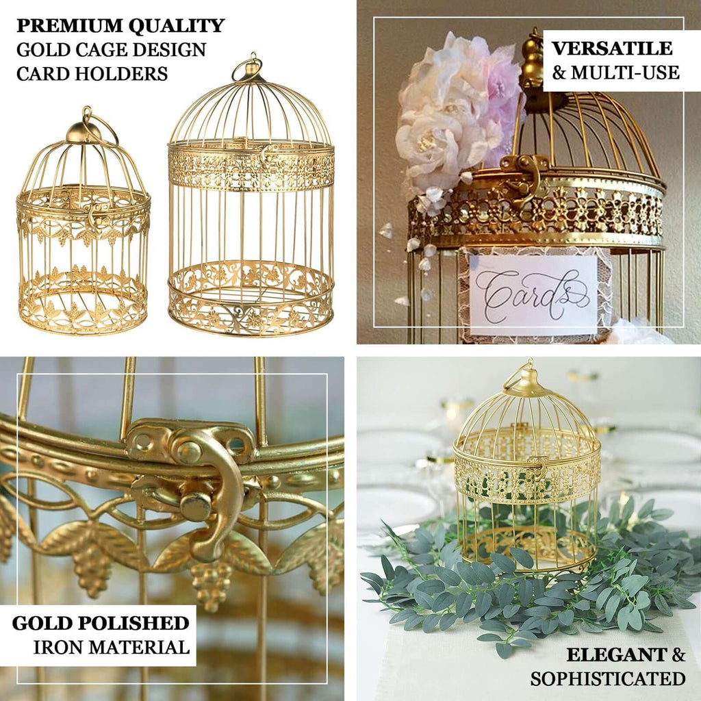 Set of 2 Card Holders Wrought Iron Bird Cage Design Metallic Gold - Decorative Display Stand 9"/13"