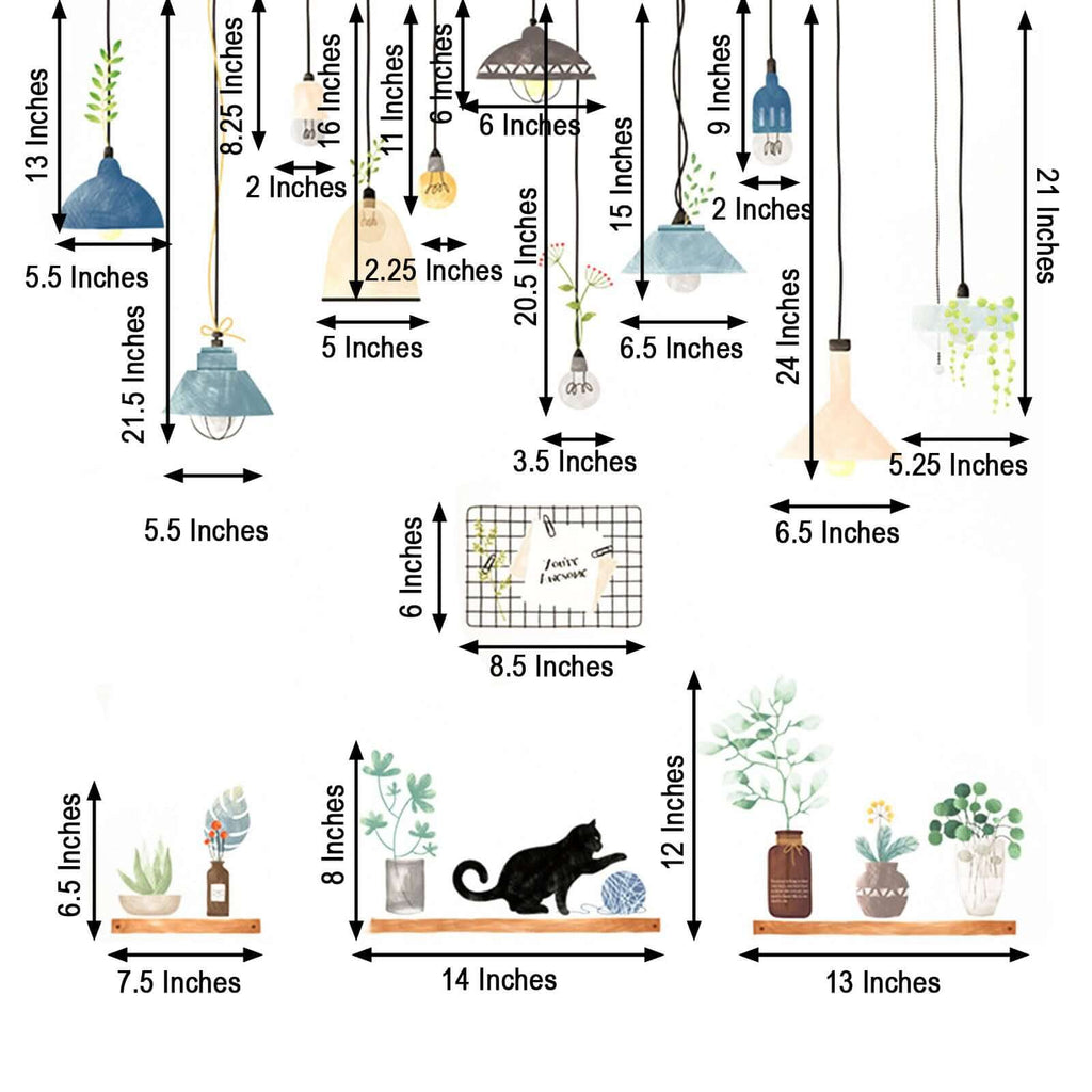 Potted Plants on Shelves and Lamps Wall Decals, Peel and Stick Decor Stickers