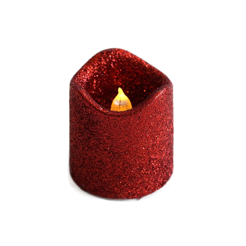 12-Pack LED Votive Candles Glittered Red Design - Reusable Flameless Battery Operated Lights