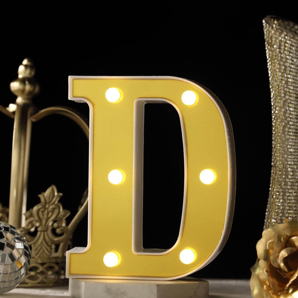 3D Marquee Letter "D" Warm White 6 LED Lights Gold - Chic Light-Up Decor for Events 6"