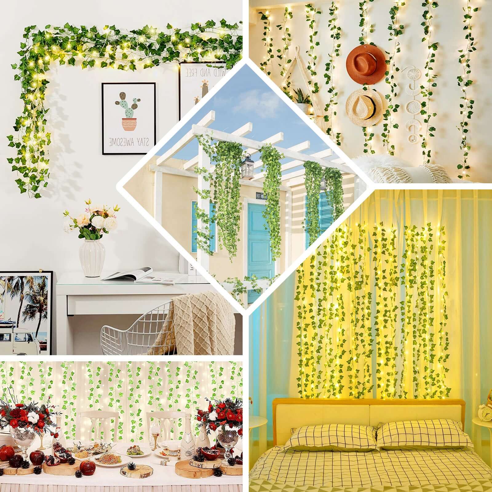 7ft Warm White 20 LED Green Silk Ivy Garland Vine String Lights, Battery Operated Fairy Lights