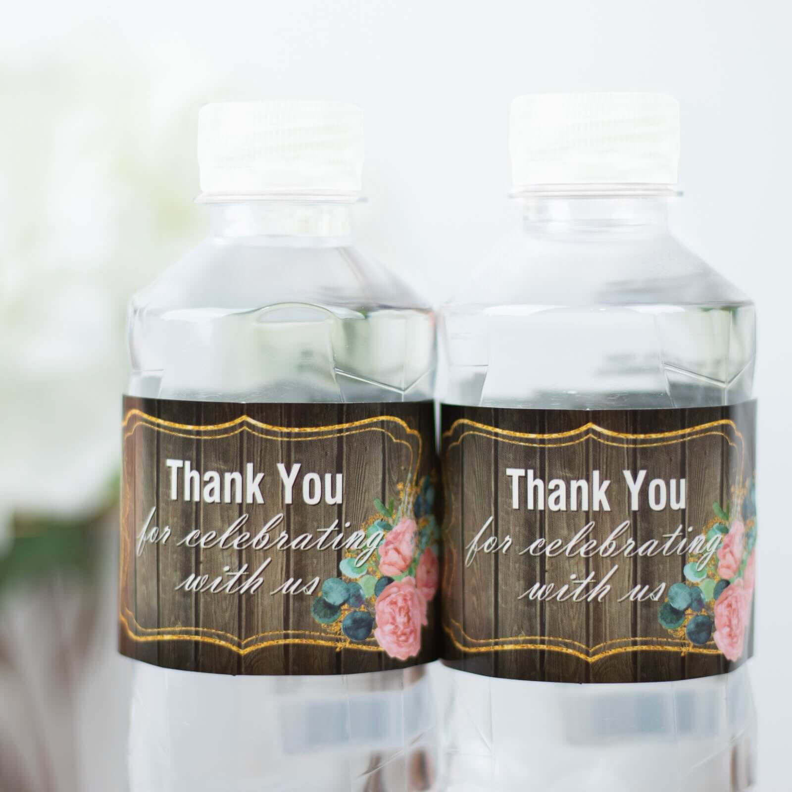 24 Pack Rustic Water Bottle Labels Wood Print with Gold Floral Frame "Thank You" Waterproof Bottle Stickers
