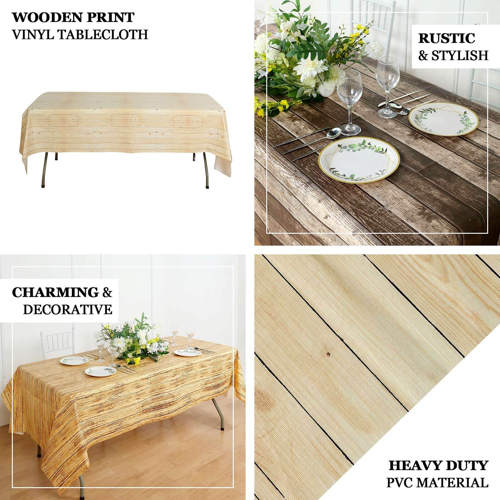 5-Pack Plastic Tablecloths Charcoal Gray Rectangle with Rustic Wooden Print - Stylish PVC Disposable Covers 52"x108"
