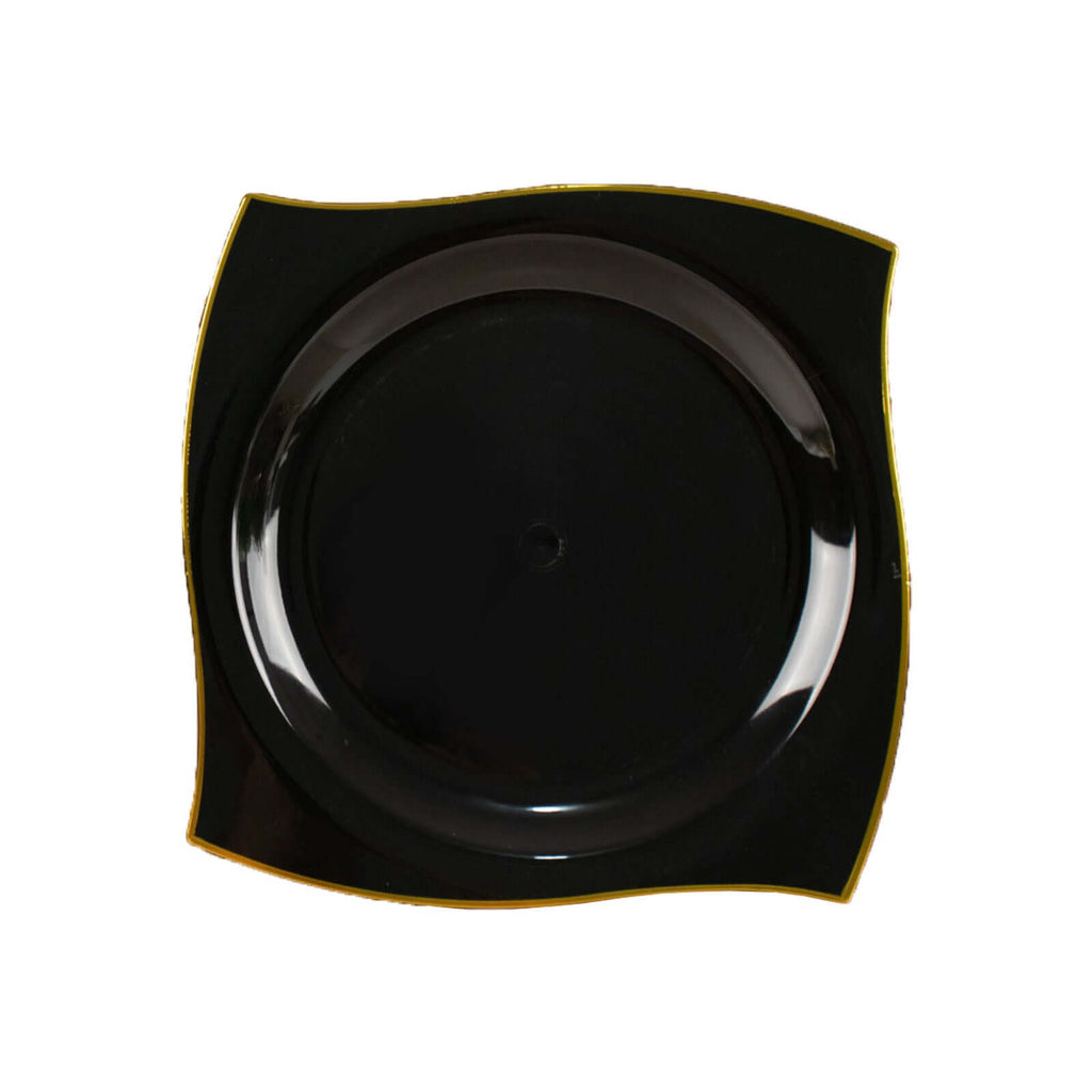 10-Pack Plastic 10" Square Dinner Plates in Black with Gold Wavy Rim Modern - Disposable Party Plates