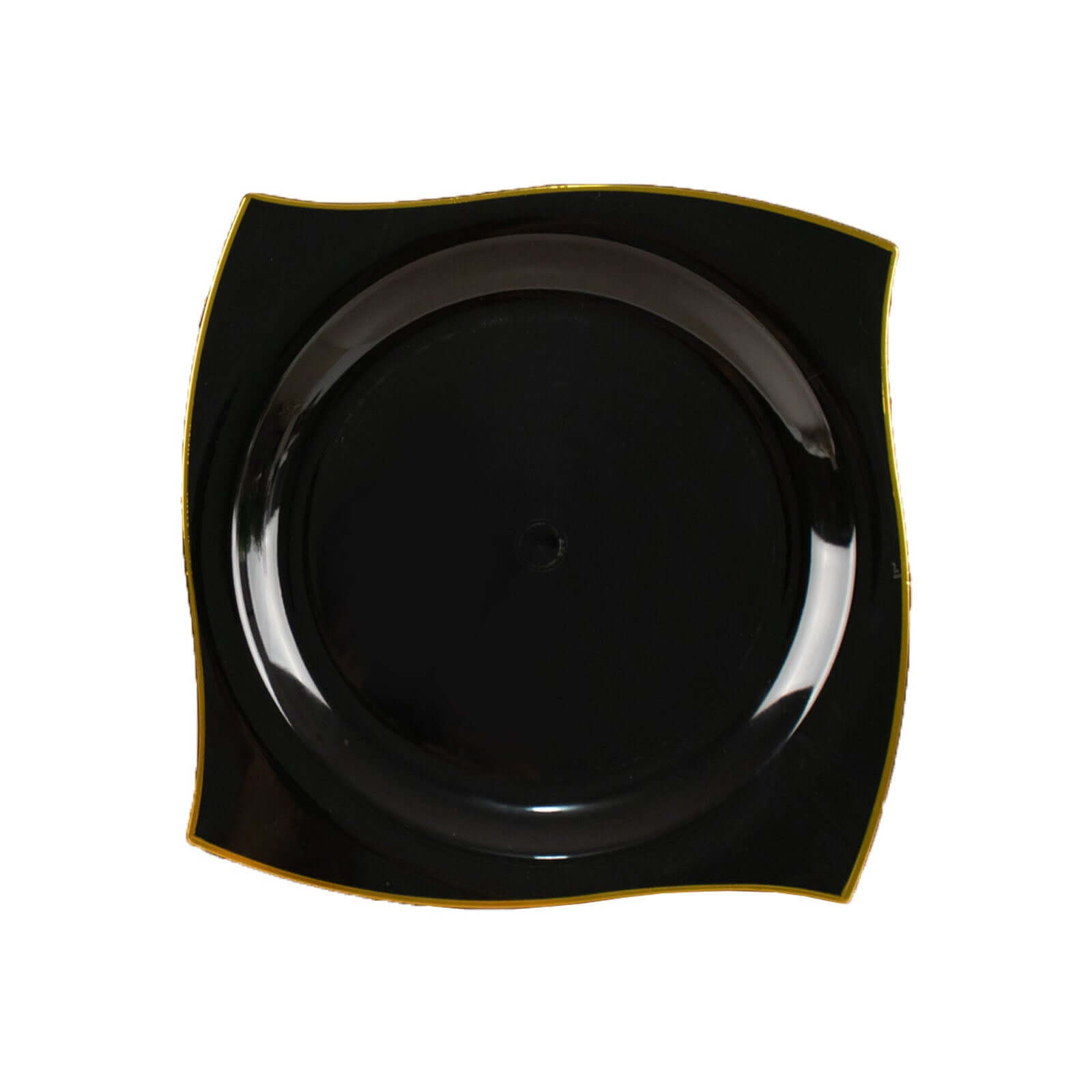 10-Pack Plastic 10" Square Dinner Plates in Black with Gold Wavy Rim Modern - Disposable Party Plates