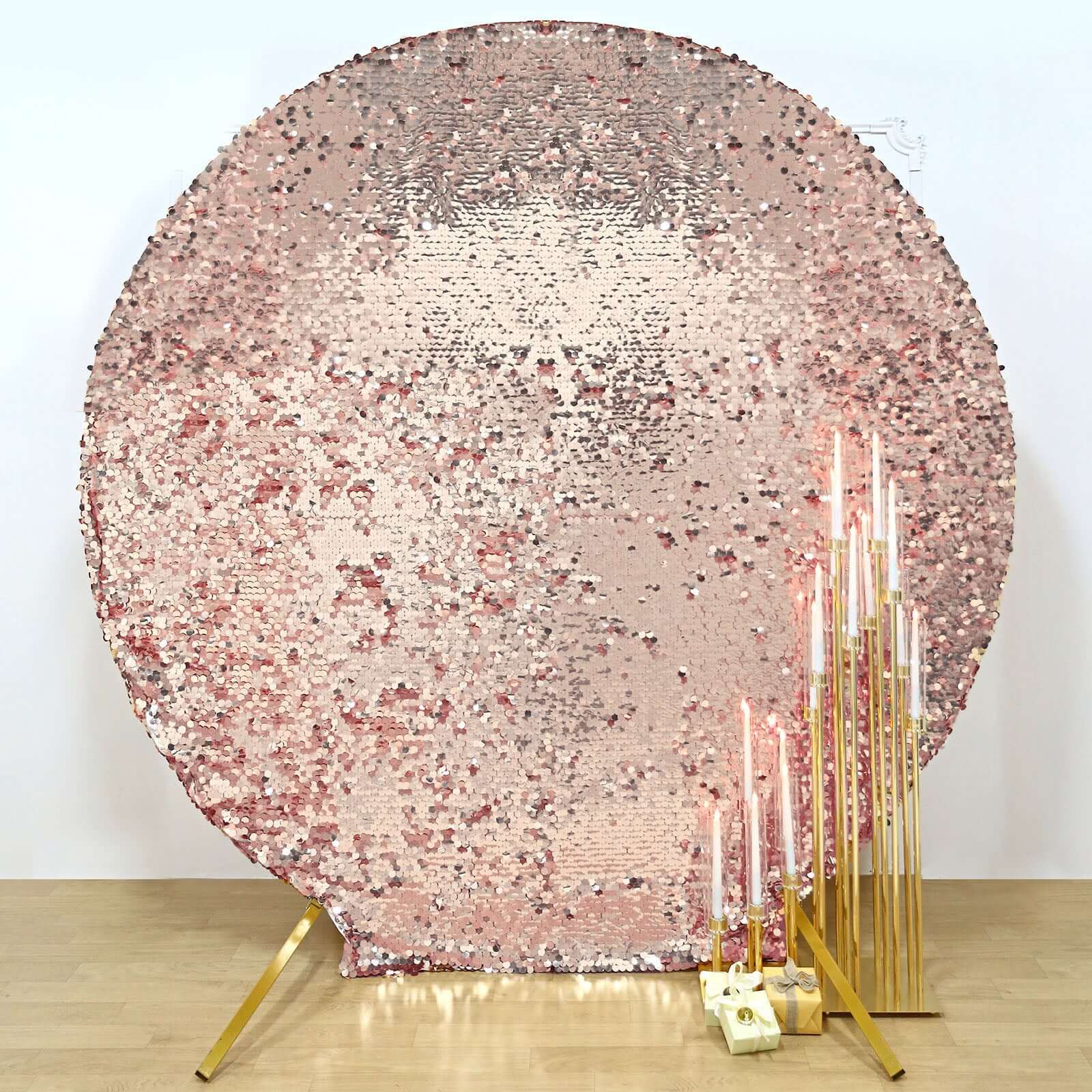 7.5ft Sparkly Rose Gold Double Sided Big Payette Sequin Wedding Arbor Cover, Round Fitted Backdrop Arch Cover
