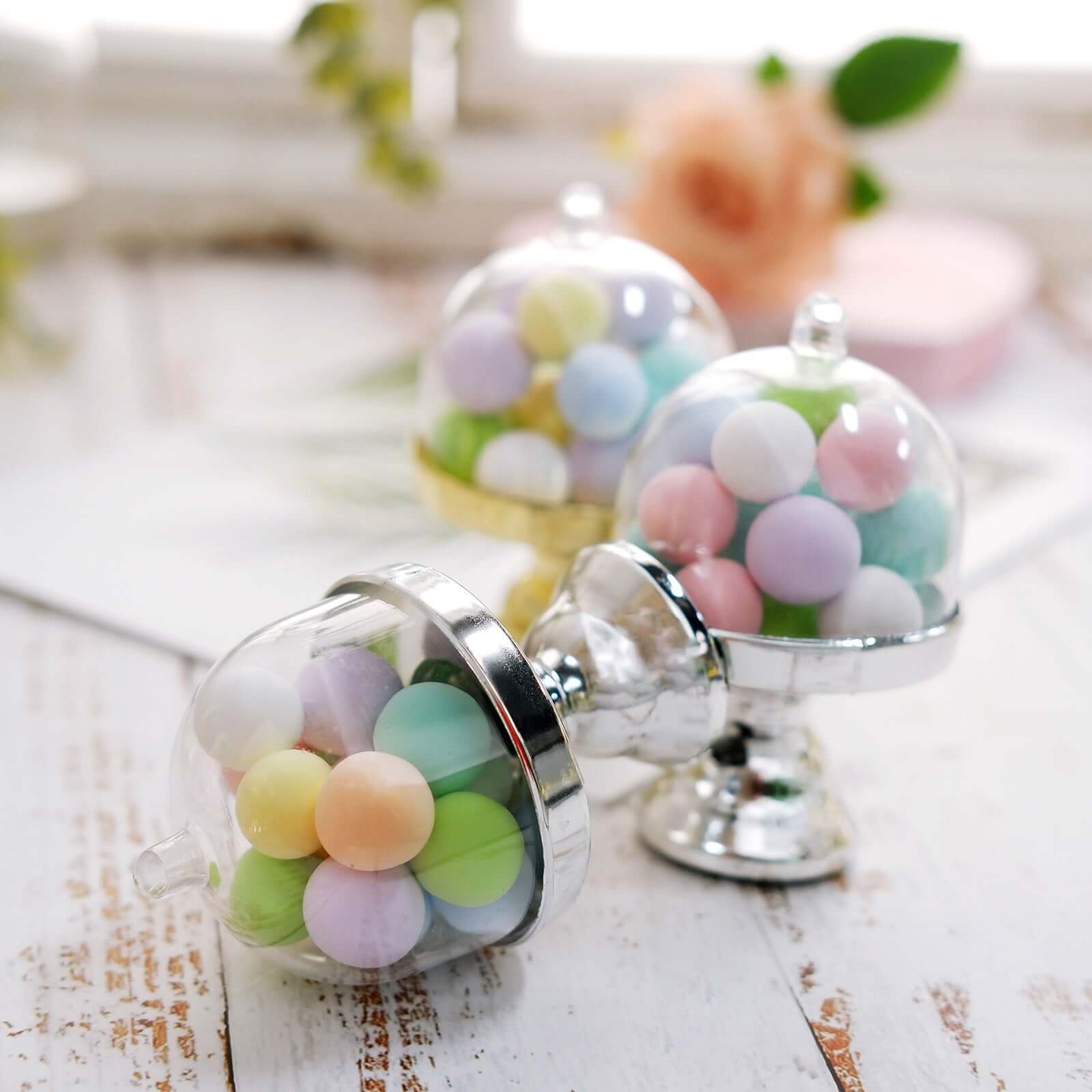12-Pack Fillable Mini Pedestal Candy Container Clear/Silver - Decorative Candy Treat Favor Boxes with Dome Lid 4"