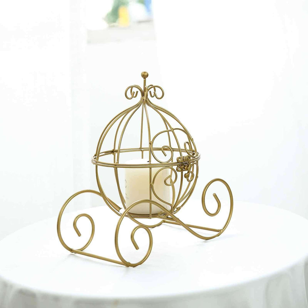Candle Holder Gold Wrought Iron Cinderella Carriage Card Display - Wedding Table Accent 11"