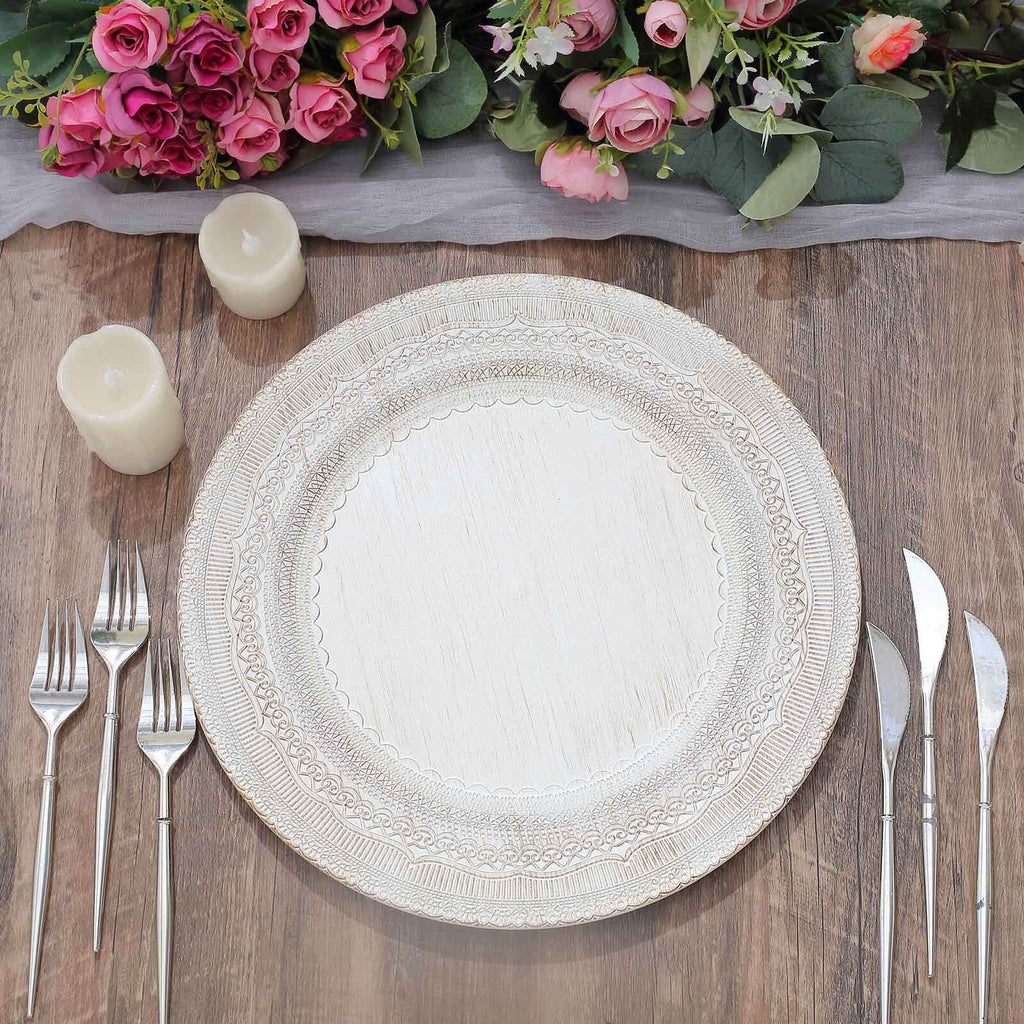6-Pack Acrylic Round Charger Plates 13" in White with Lace Embossed Rim, Rustic Plastic Decorative Charger Tableware