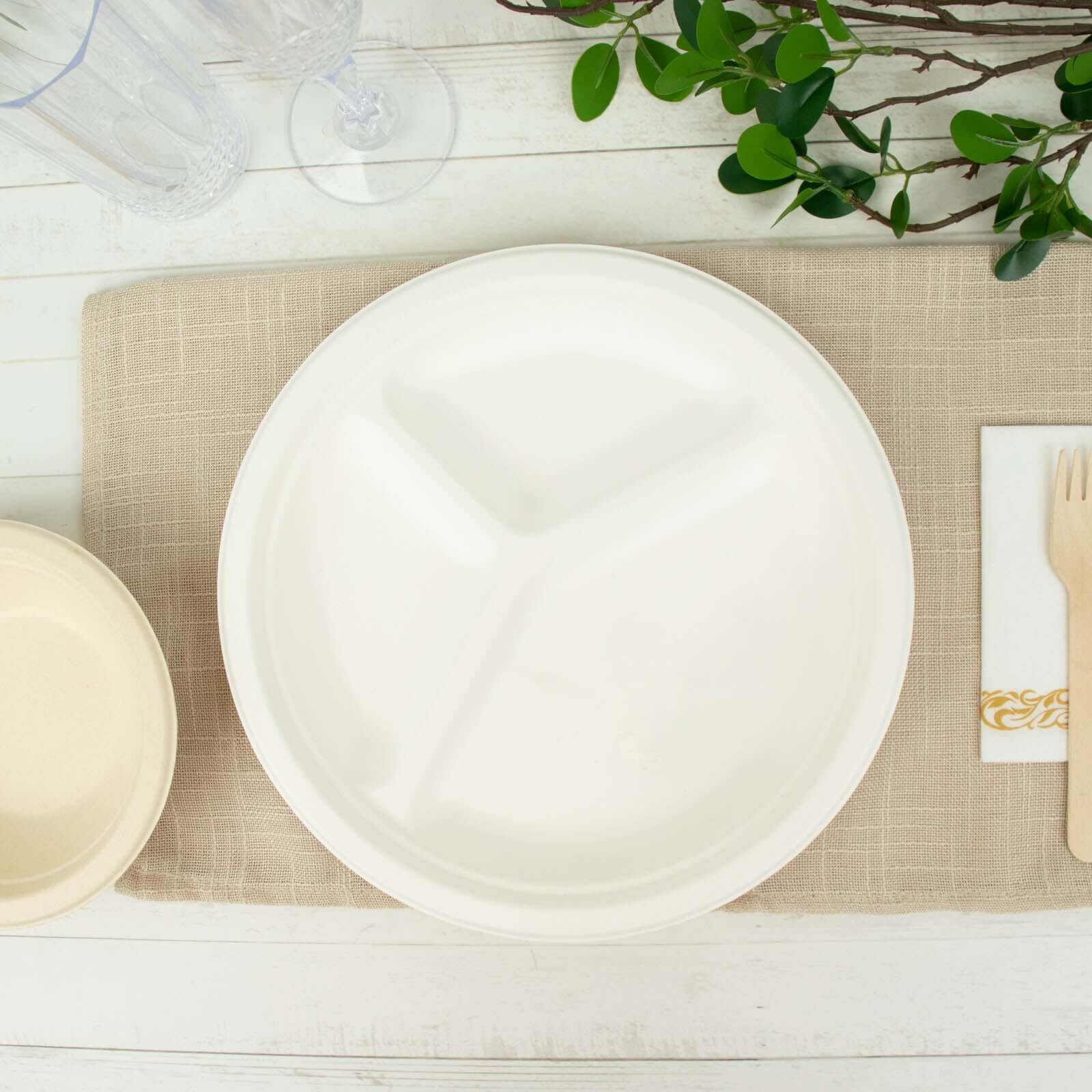 50-Pack Bagasse 10" Round Dinner Plates in White with 3-Compartments - Eco Friendly Biodegradable Sugarcane Divided Plates for Food Trucks Catering & Events