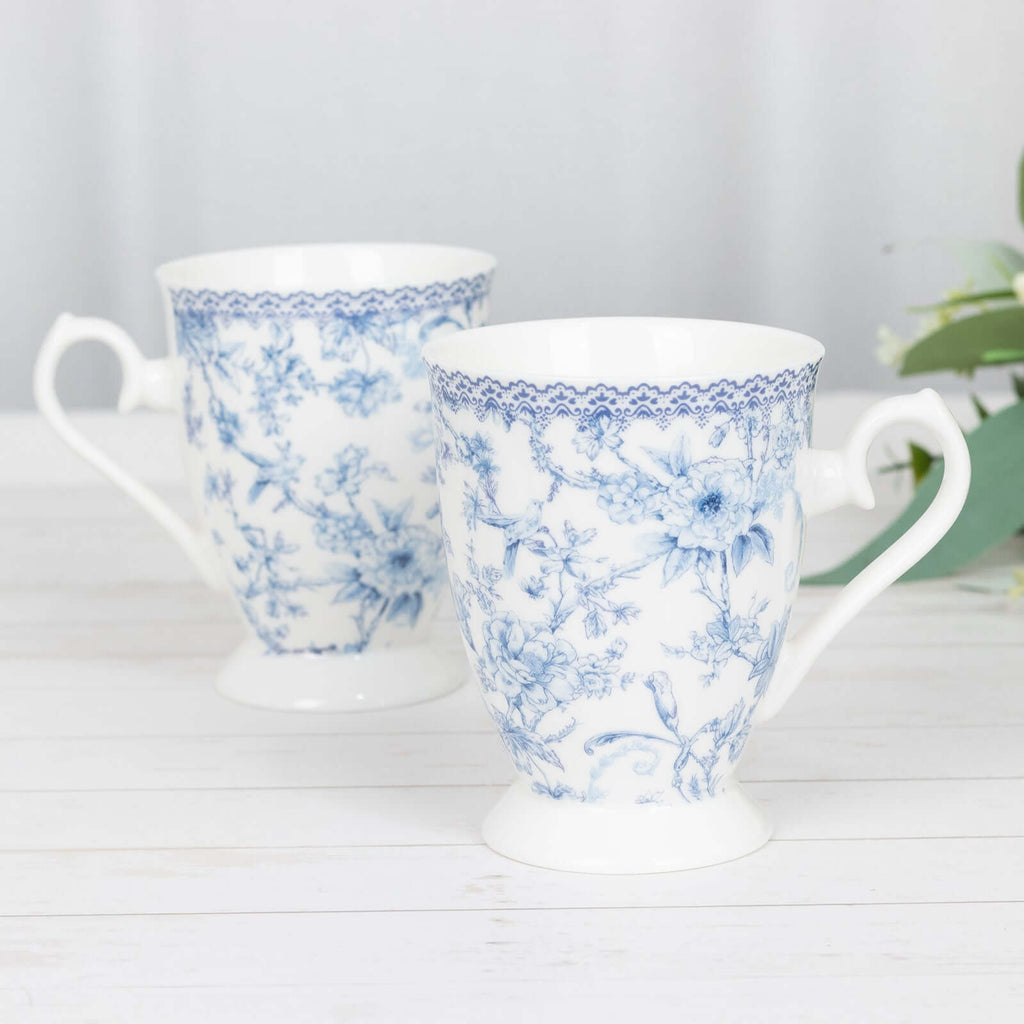 White Blue French Toile Bridal Shower Gift Set, 2 Pack Porcelain Tea Cups With Matching Keepsake Gift Box and Satin Ribbon Handle - Bell Racket Store