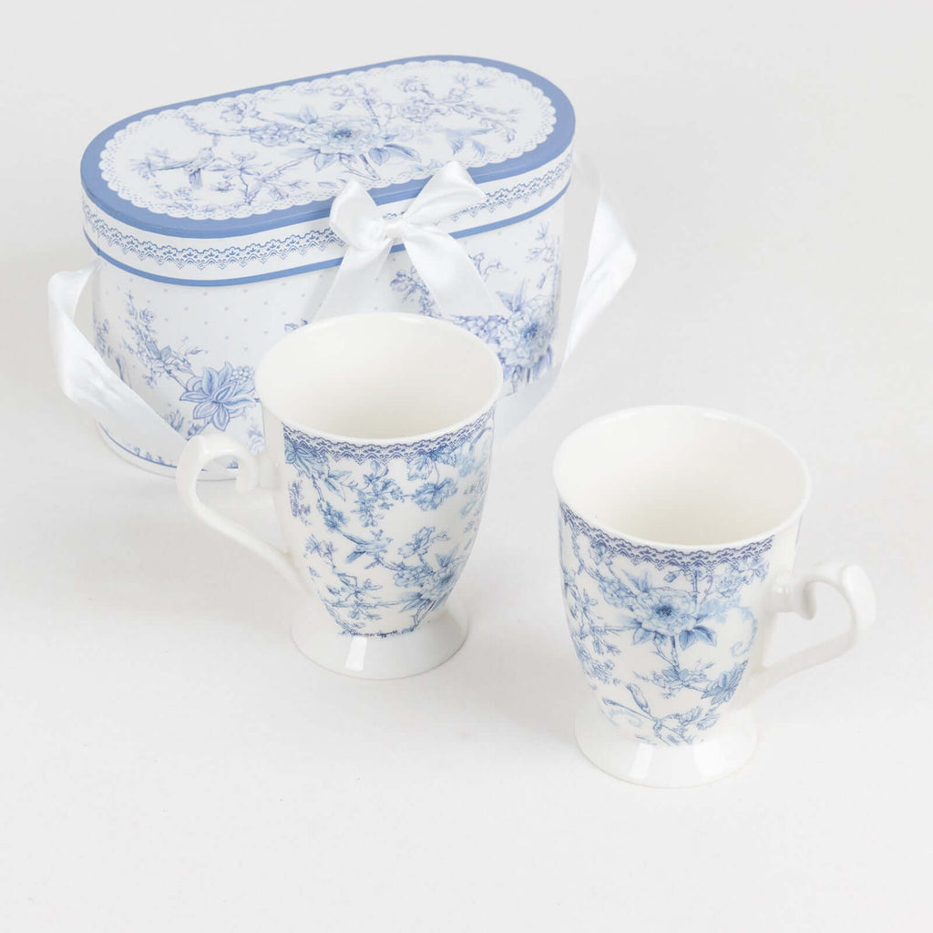 White Blue French Toile Bridal Shower Gift Set, 2 Pack Porcelain Tea Cups With Matching Keepsake Gift Box and Satin Ribbon Handle - Bell Racket Store