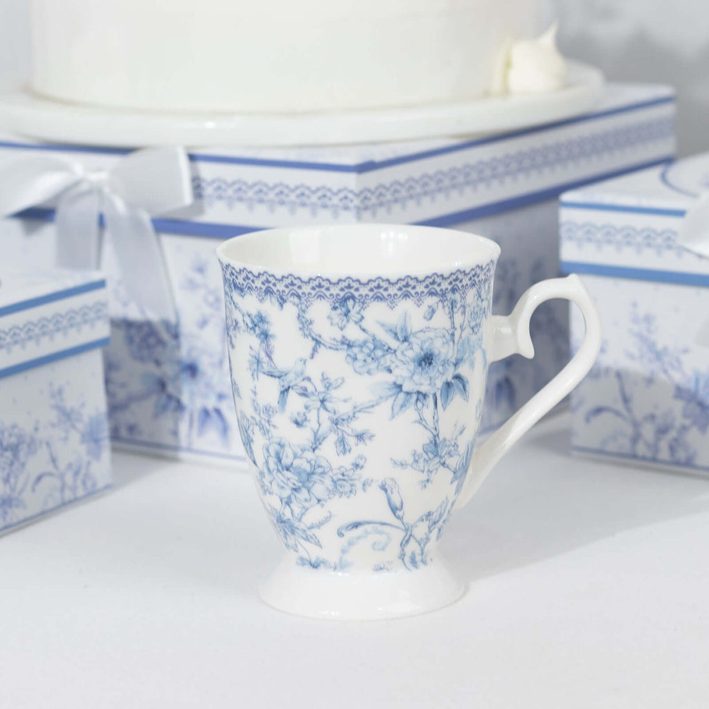White Blue French Toile Bridal Shower Gift Set, 2 Pack Porcelain Tea Cups With Matching Keepsake Gift Box and Satin Ribbon Handle - Bell Racket Store