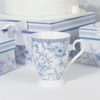 White Blue French Toile Bridal Shower Gift Set, 2 Pack Porcelain Tea Cups With Matching Keepsake Gift Box and Satin Ribbon Handle - Bell Racket Store
