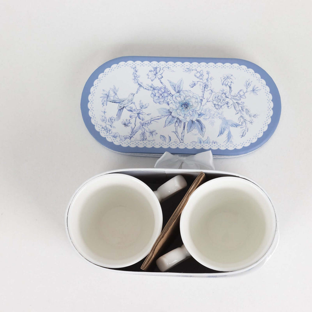 White Blue French Toile Bridal Shower Gift Set, 2 Pack Porcelain Tea Cups With Matching Keepsake Gift Box and Satin Ribbon Handle - Bell Racket Store