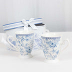 White Blue French Toile Bridal Shower Gift Set, 2 Pack Porcelain Tea Cups With Matching Keepsake Gift Box and Satin Ribbon Handle - Bell Racket Store