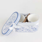 White Blue French Toile Bridal Shower Gift Set, 2 Pack Porcelain Tea Cups With Matching Keepsake Gift Box and Satin Ribbon Handle - Bell Racket Store