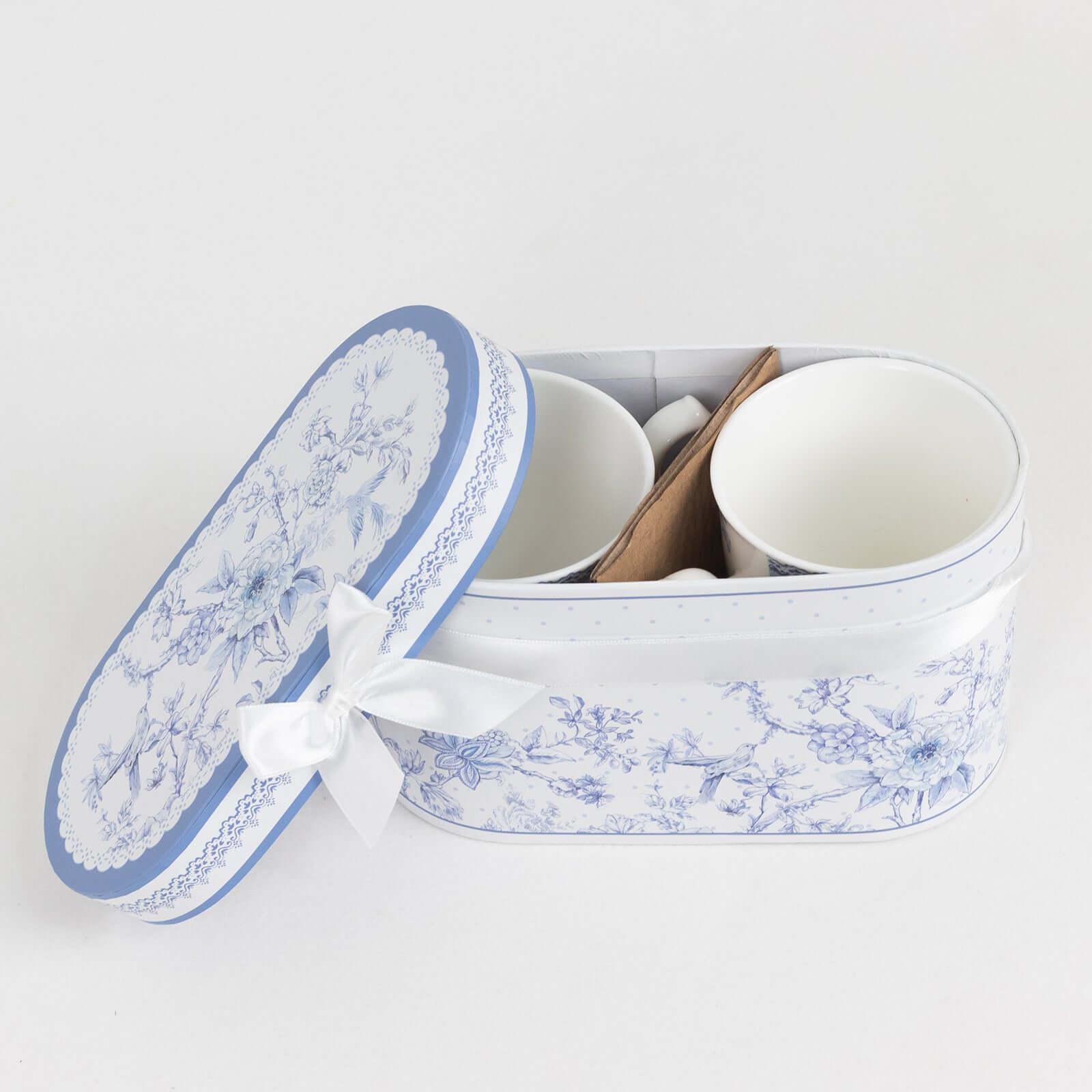 White Blue French Toile Bridal Shower Gift Set, 2 Pack Porcelain Tea Cups With Matching Keepsake Gift Box and Satin Ribbon Handle - Bell Racket Store