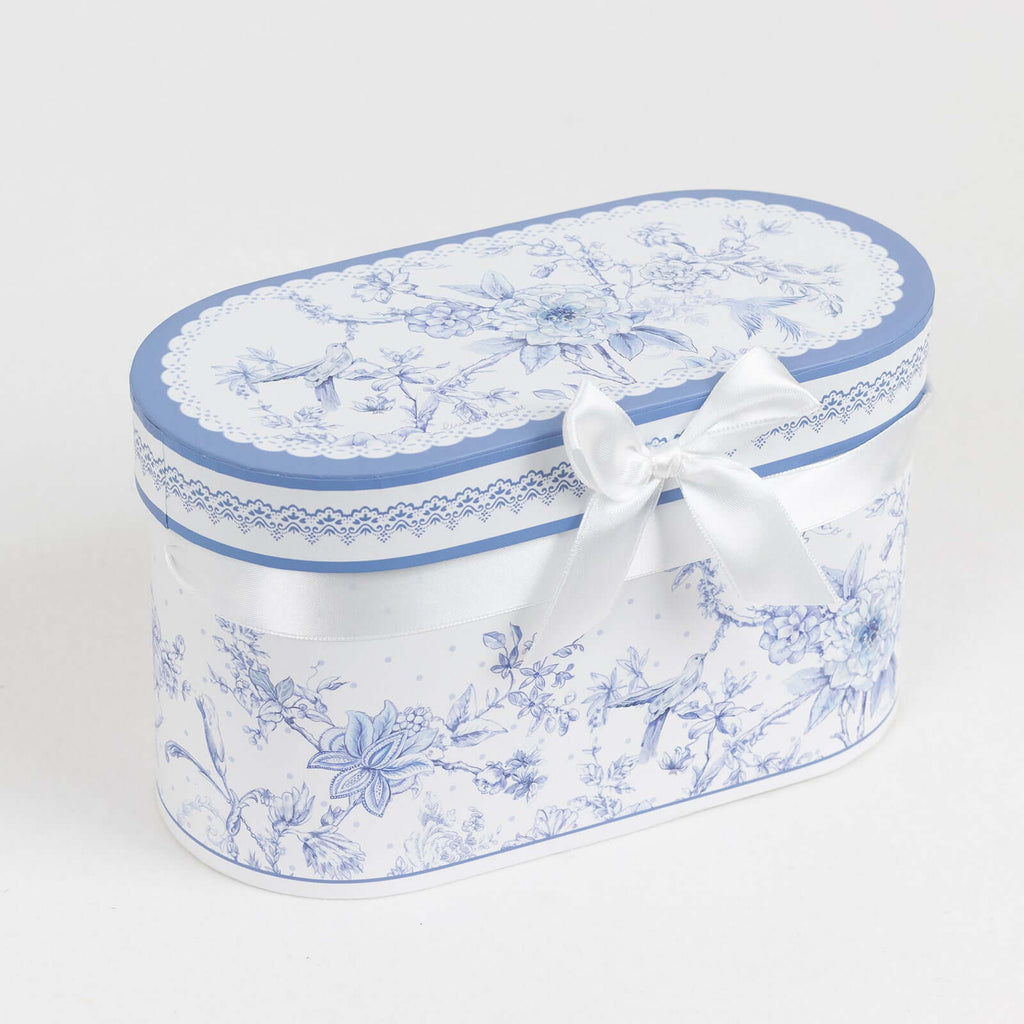 White Blue French Toile Bridal Shower Gift Set, 2 Pack Porcelain Tea Cups With Matching Keepsake Gift Box and Satin Ribbon Handle - Bell Racket Store