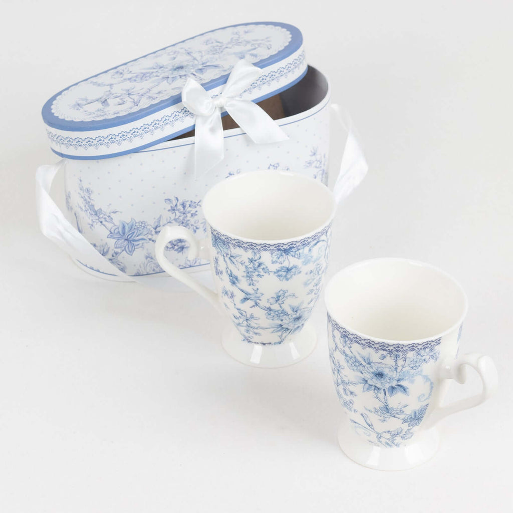 White Blue French Toile Bridal Shower Gift Set, 2 Pack Porcelain Tea Cups With Matching Keepsake Gift Box and Satin Ribbon Handle - Bell Racket Store