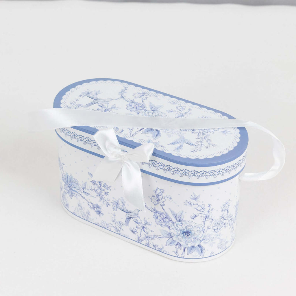 White Blue French Toile Bridal Shower Gift Set, 2 Pack Porcelain Tea Cups With Matching Keepsake Gift Box and Satin Ribbon Handle - Bell Racket Store