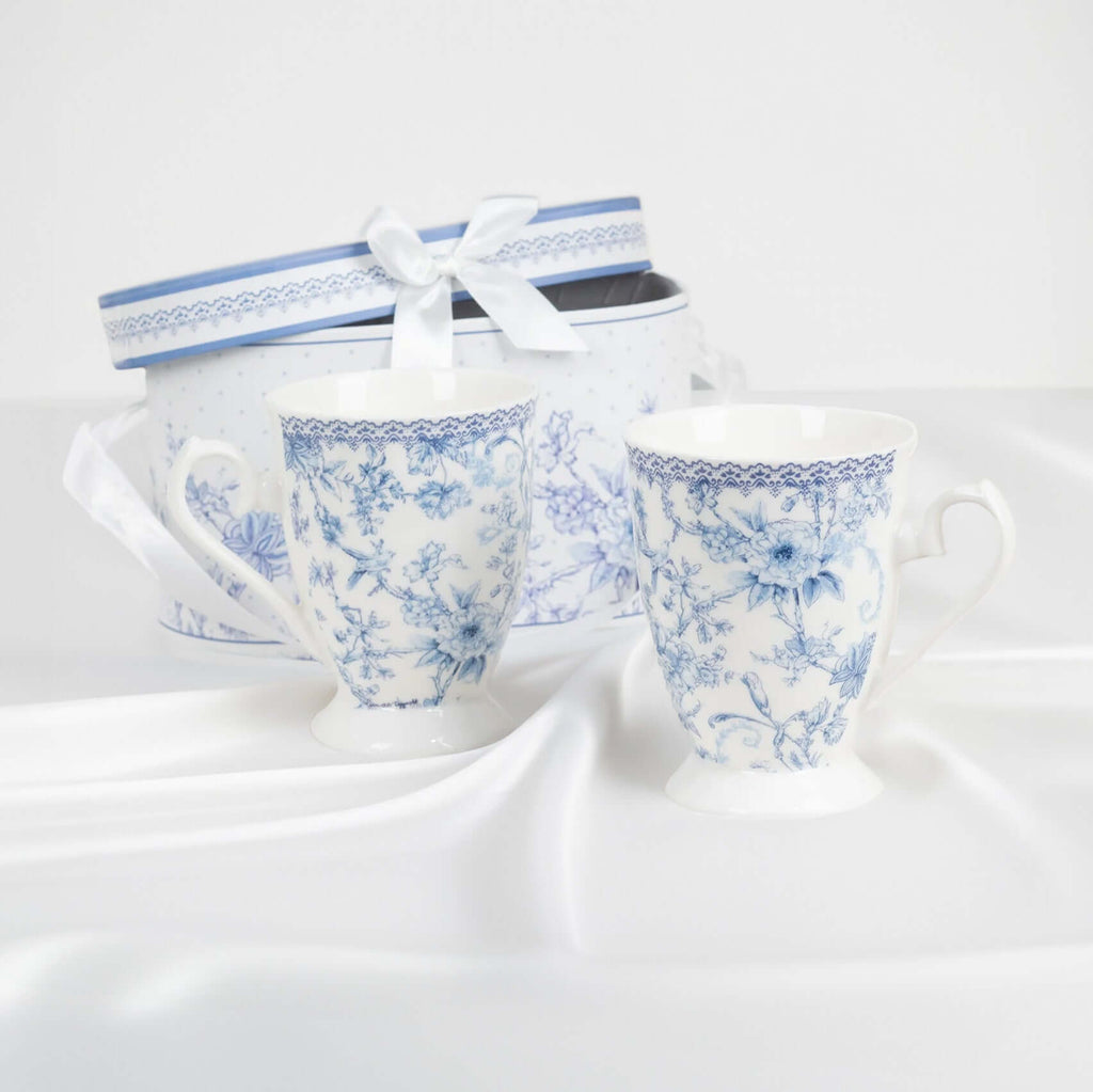 White Blue French Toile Bridal Shower Gift Set, 2 Pack Porcelain Tea Cups With Matching Keepsake Gift Box and Satin Ribbon Handle - Bell Racket Store