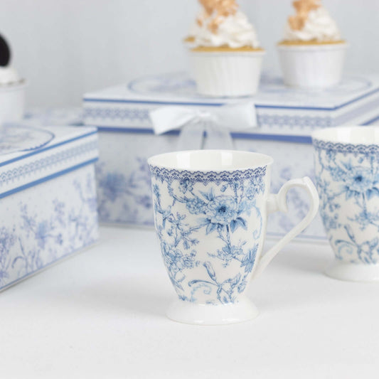 White Blue French Toile Bridal Shower Gift Set, 2 Pack Porcelain Tea Cups With Matching Keepsake Gift Box and Satin Ribbon Handle - Bell Racket Store