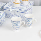 White Blue French Toile Bridal Shower Gift Set, 2 Pack Porcelain Tea Cups With Matching Keepsake Gift Box and Satin Ribbon Handle - Bell Racket Store