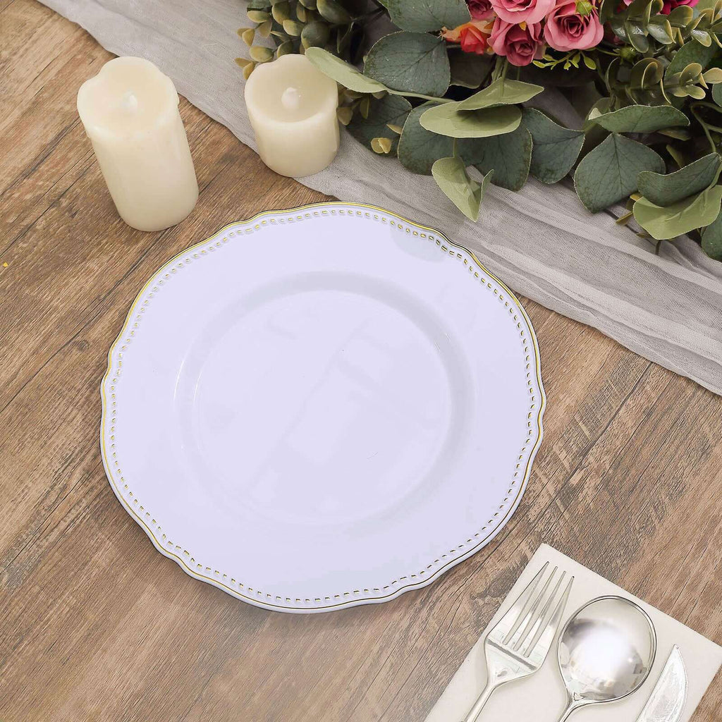 10-Pack Plastic Dinner Plates in White with Gold Scalloped Rim - Disposable Party Plates 9"