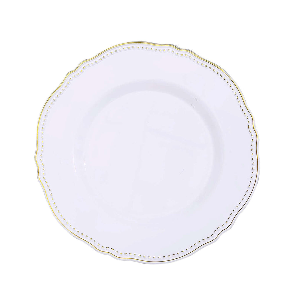 10-Pack Plastic Dinner Plates in White with Gold Scalloped Rim - Disposable Party Plates 9"