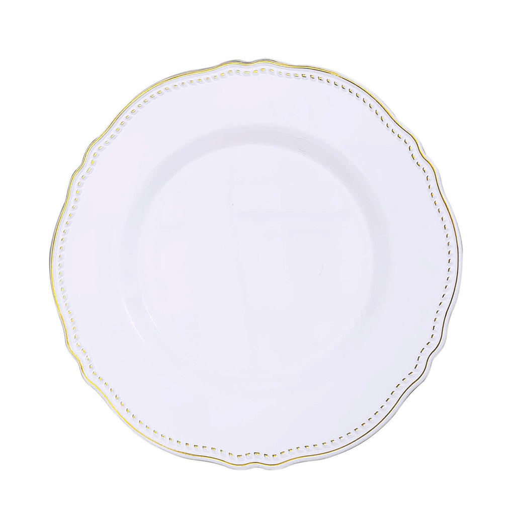 10-Pack Plastic 10" Dinner Plates in White with Gold Scalloped Rim - Disposable Large Party Plates for Upscale Events & Banquets