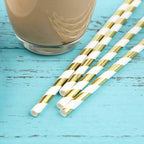 25-Pack Paper Straws White/Gold Striped - Stylish Disposable Straws for Drinks 8"