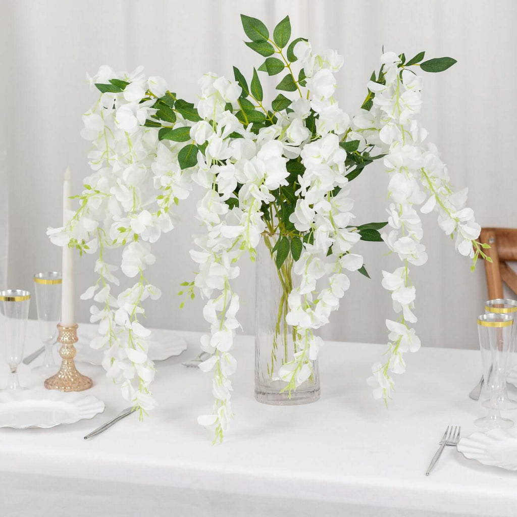 5 Pack 44" Silk Hanging Wisteria Flower Garland Vines in White, 3 Strands in 1 Bush