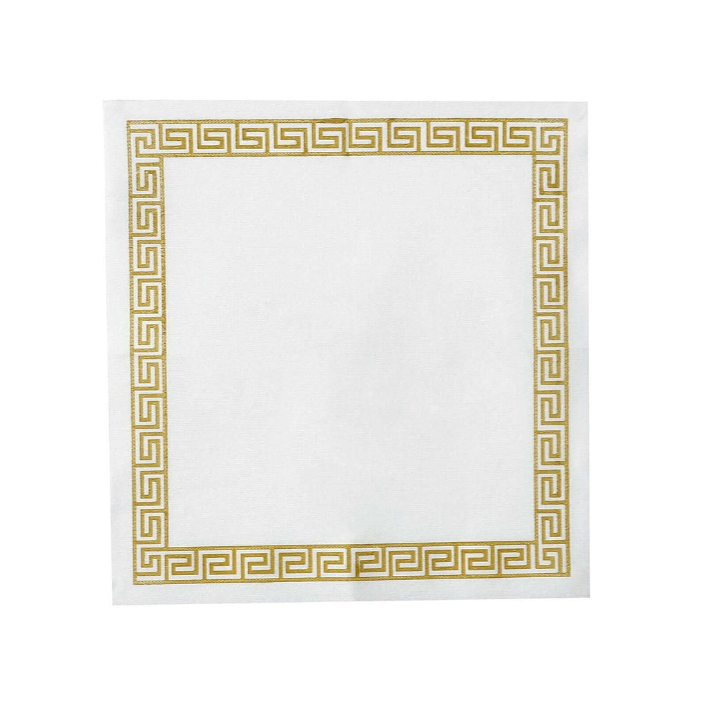 25 Pack Linen-Like Paper 5"x5" Napkins White with Gold Greek Key Design - Hygienic Disposable Airlaid Party Napkins