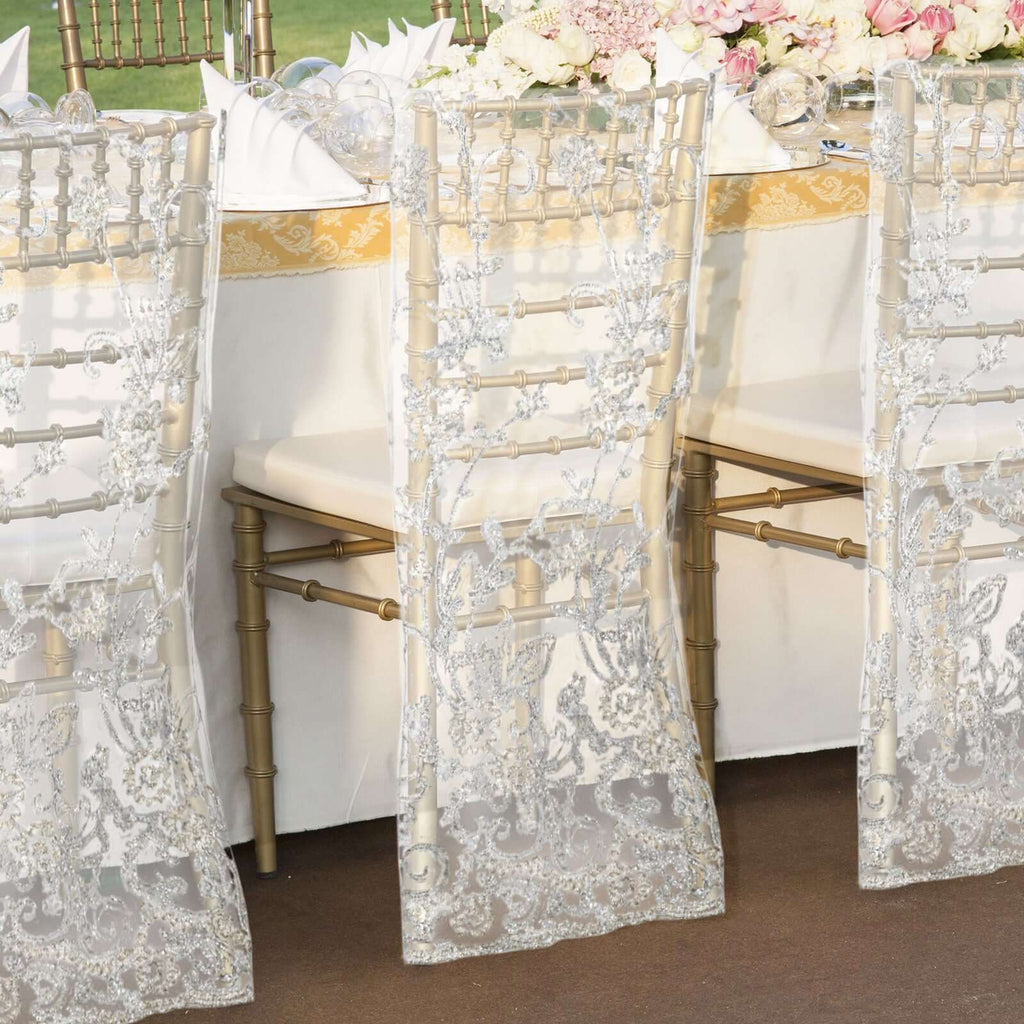 Organza Chiavari Chair Slipcover with Floral Sequin Embroidery White - Stylish Lace Chair Back Cover for Weddings