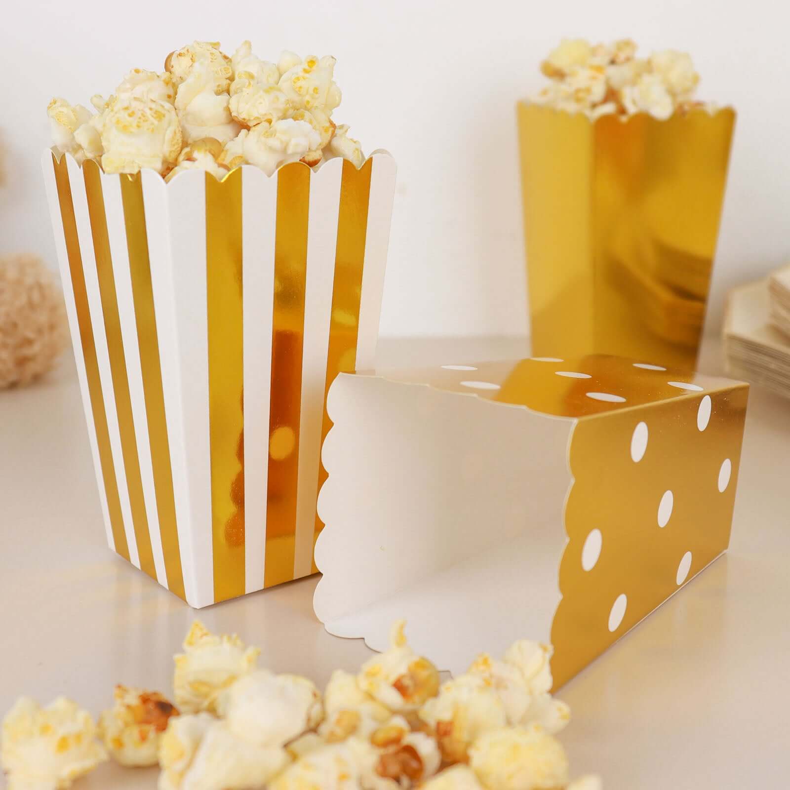 36 Pack 5" White Gold Design Mini Paper Popcorn Boxes, Candy Favor Disposable Bags - Stripe, Polka Dot, Solid Style
