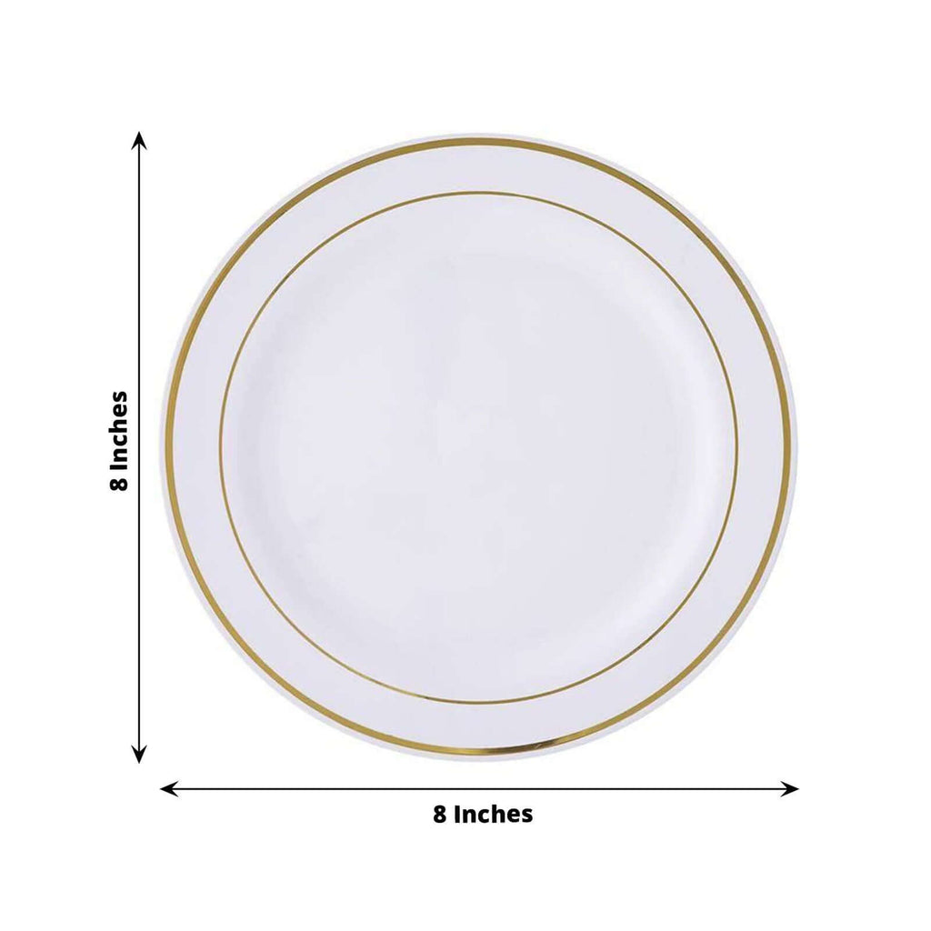 10-Pack Plastic Dessert Plates White with TrÃ¨s Chic Gold Rim - Disposable Plates for Parties 8"