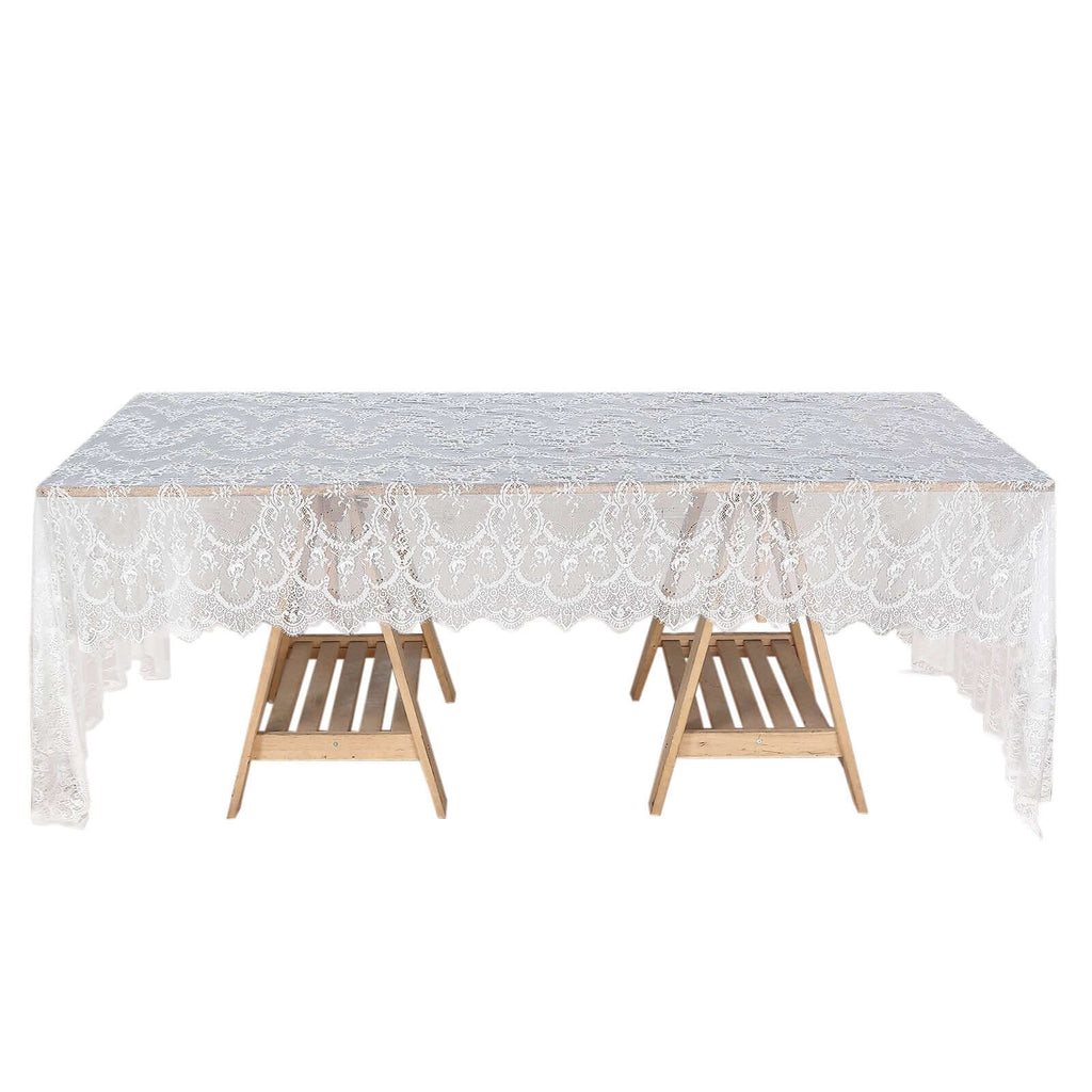 Lace 60"x120" Rectangle Tablecloth White - Vintage Lace Design with Scalloped Frill Edges for Refined Occasions