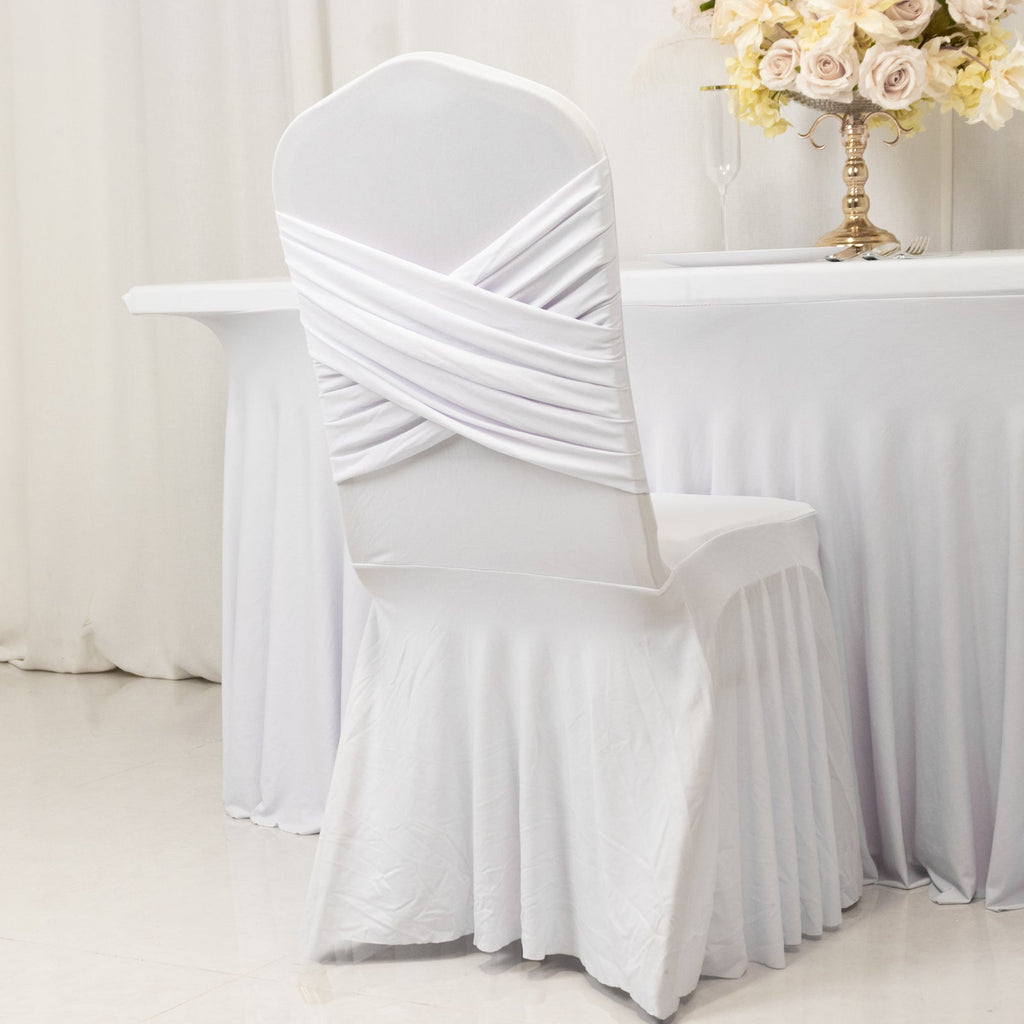 White Spandex Banquet Chair Cover with Ruffle Skirt & Cross Back Sash â€“ Stretch Slipcover for Events - Bell Racket Store
