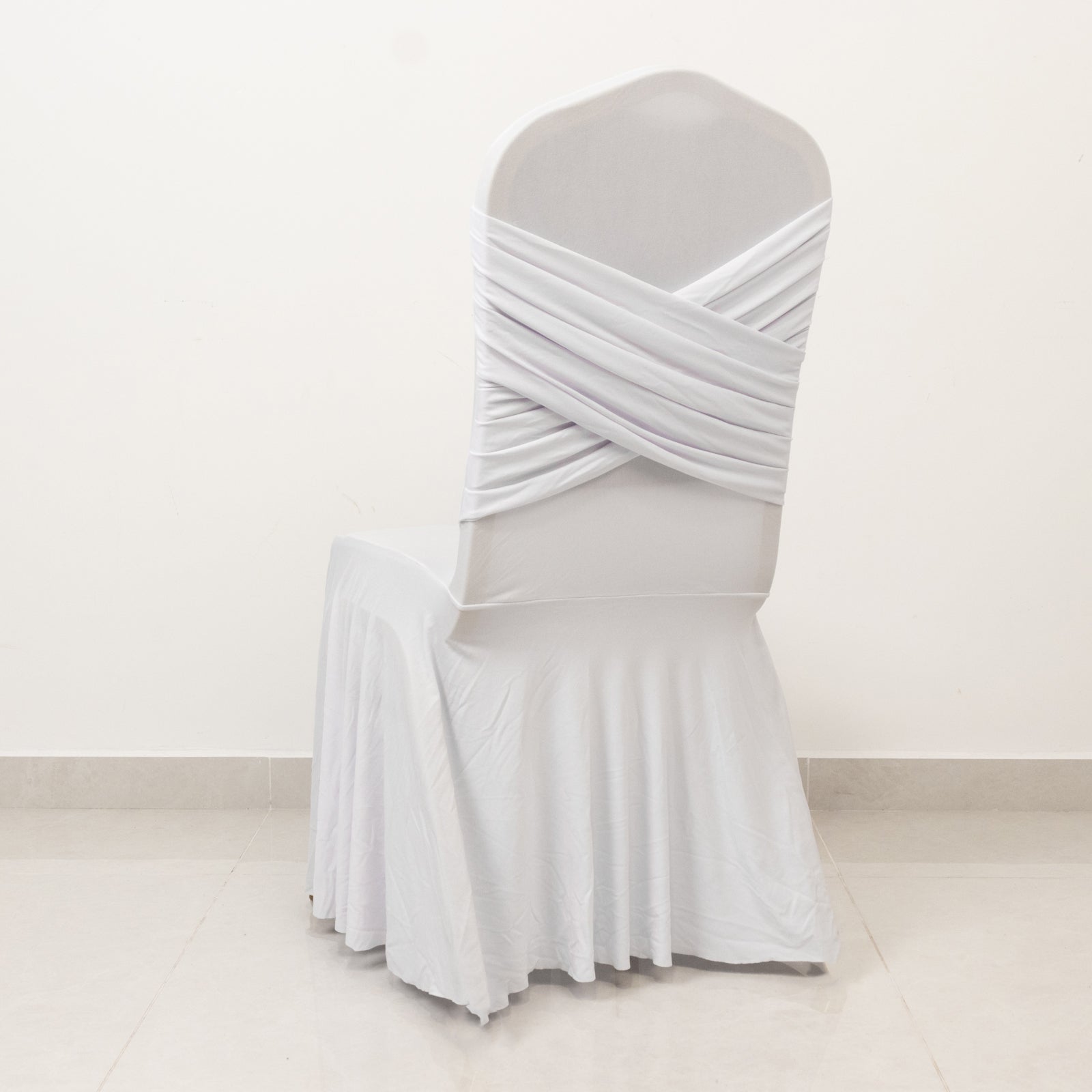 White Spandex Banquet Chair Cover with Ruffle Skirt & Cross Back Sash â€“ Stretch Slipcover for Events - Bell Racket Store