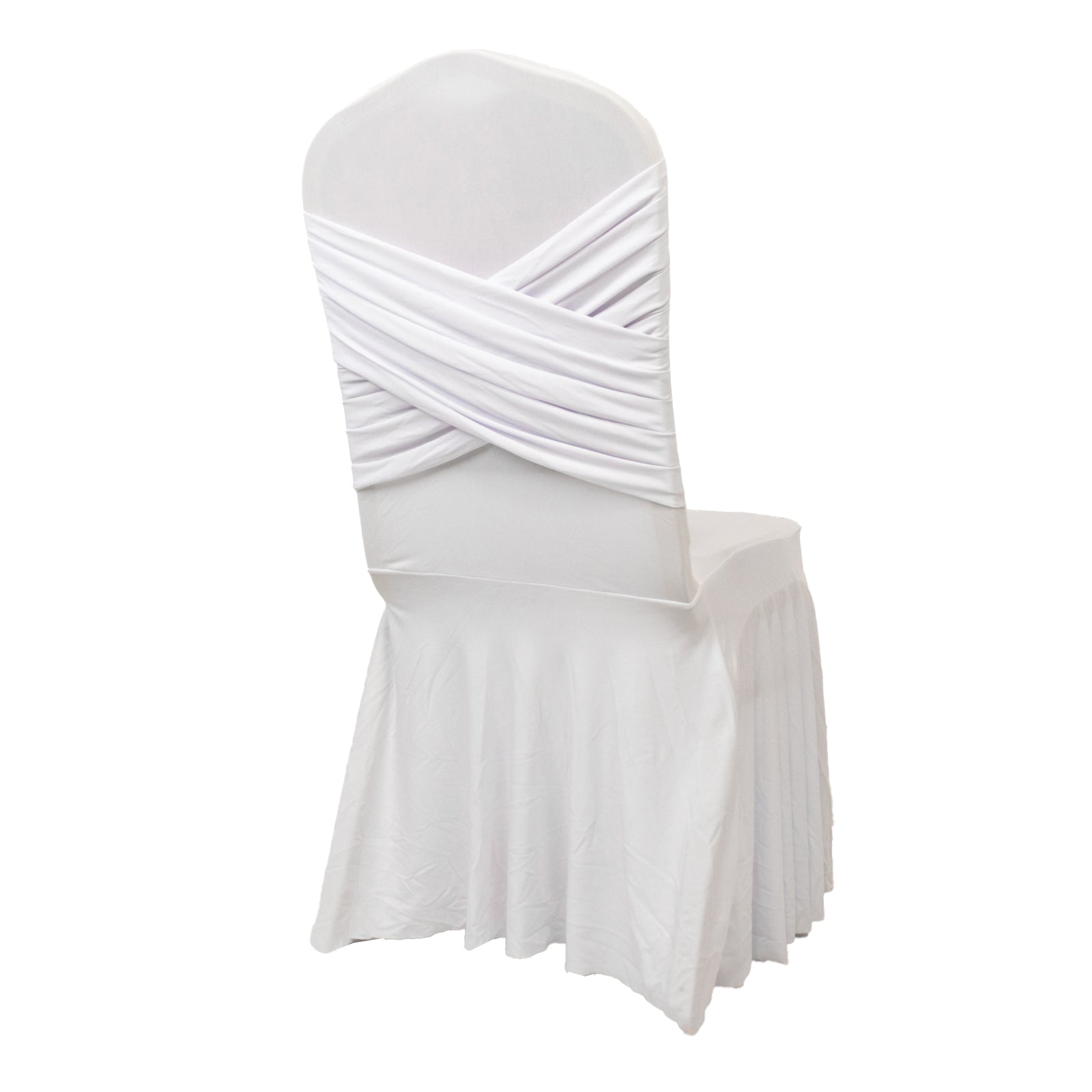 White Spandex Banquet Chair Cover with Ruffle Skirt & Cross Back Sash â€“ Stretch Slipcover for Events - Bell Racket Store