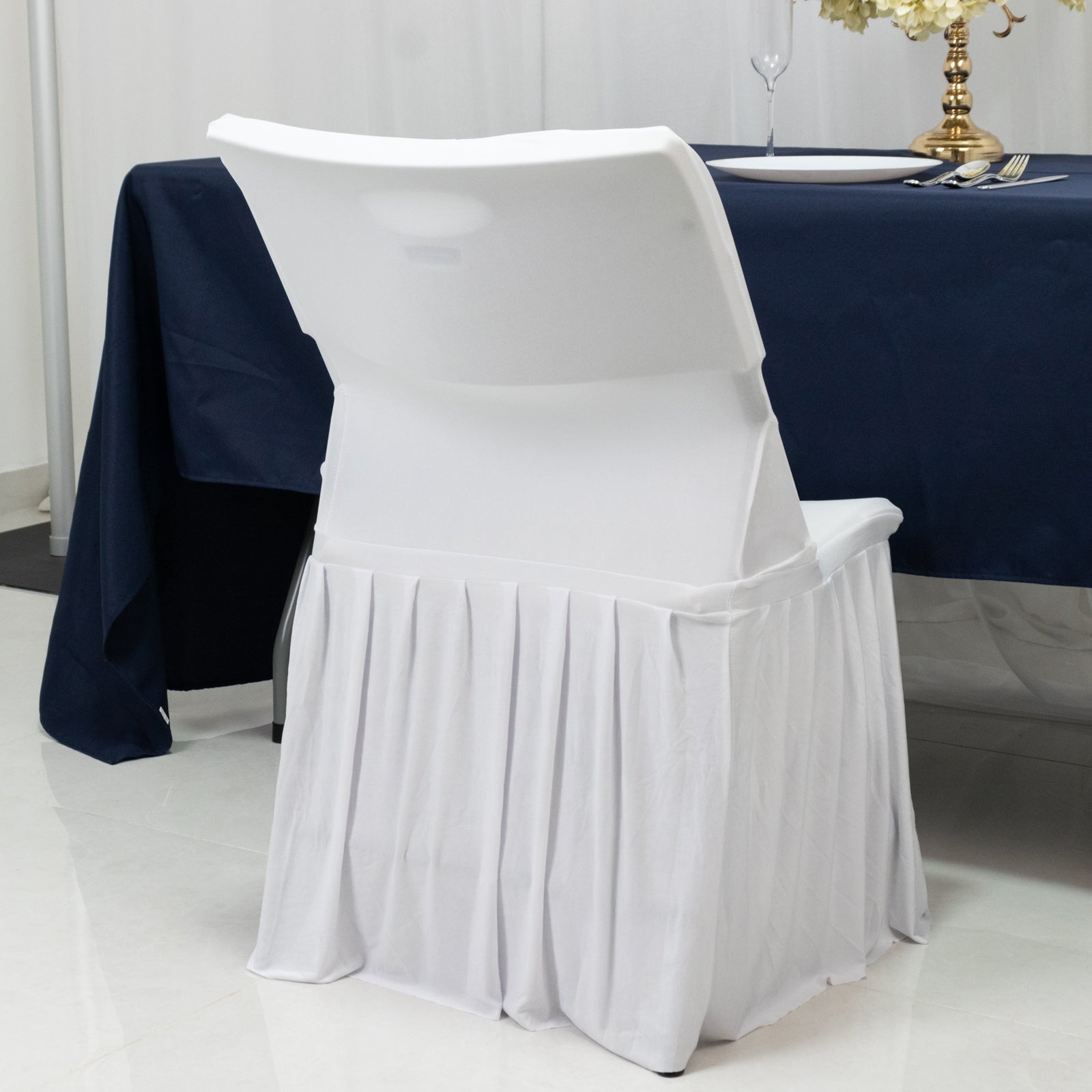 White Spandex Pleated Lifetime Folding Chair Cover â€“ Stretch Slipcover with Floor - Length Skirt, Also Fits Standard Chairs - Bell Racket Store