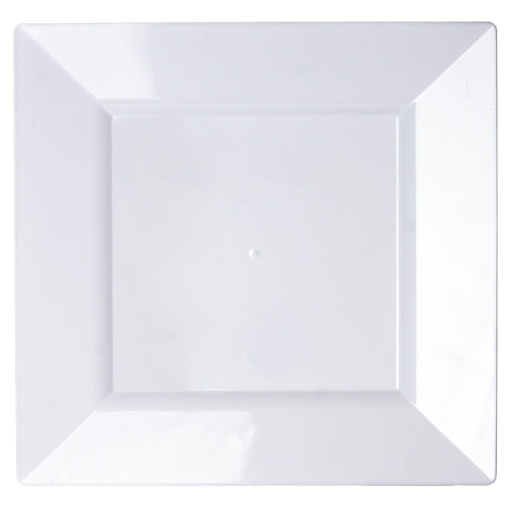10-Pack Plastic Dinner Plates Glossy White Square with Wide Rim - Sturdy Disposable Party Plates 10"