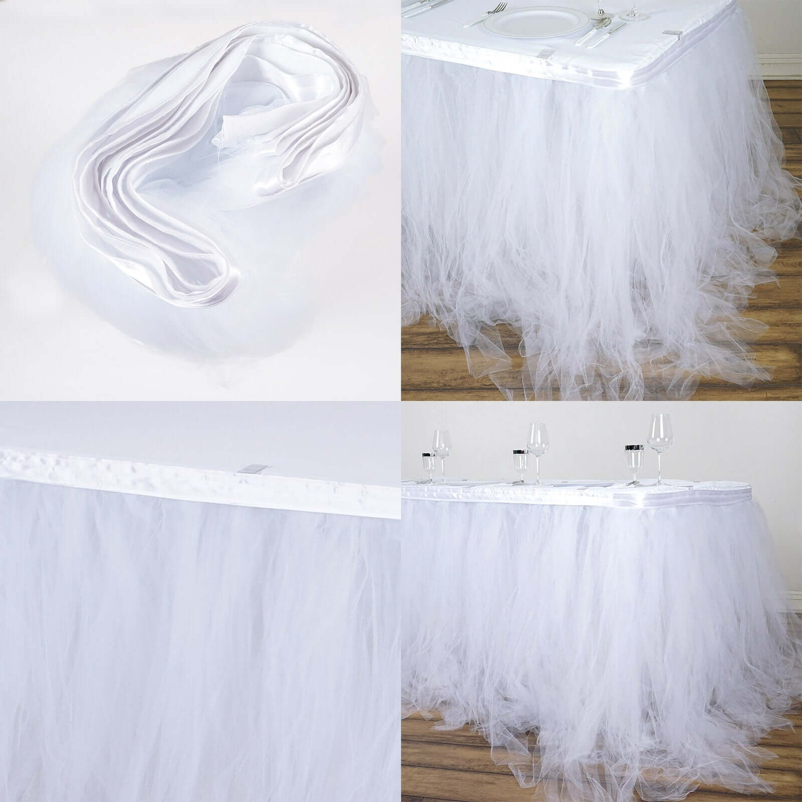 Tulle 21ft Table Skirt White - 4 Layer Pleated Tutu Chic & Soft Event Table Cover