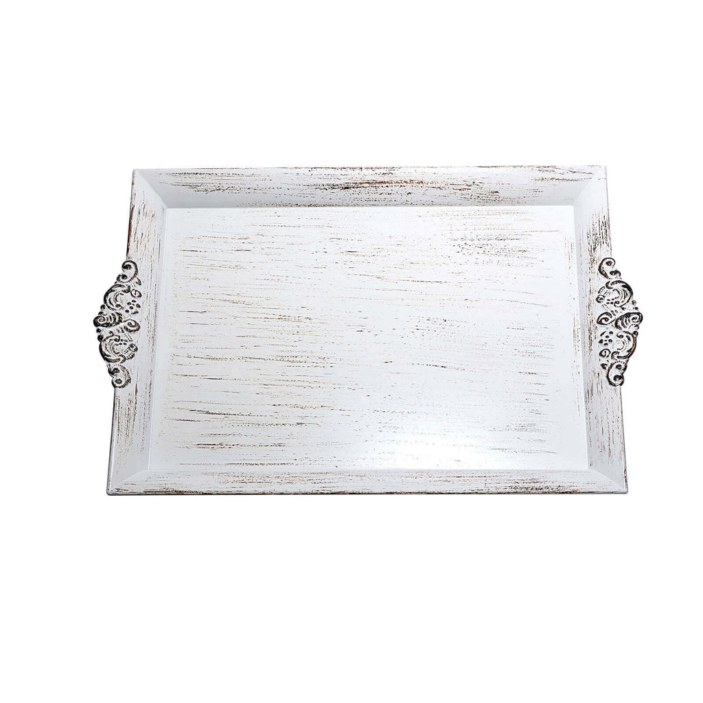 2-Pack Acrylic Rectangle Serving Trays 14"x10" in White Wash with Embossed Handles, Antique Decorative Dinner Party Food Platters