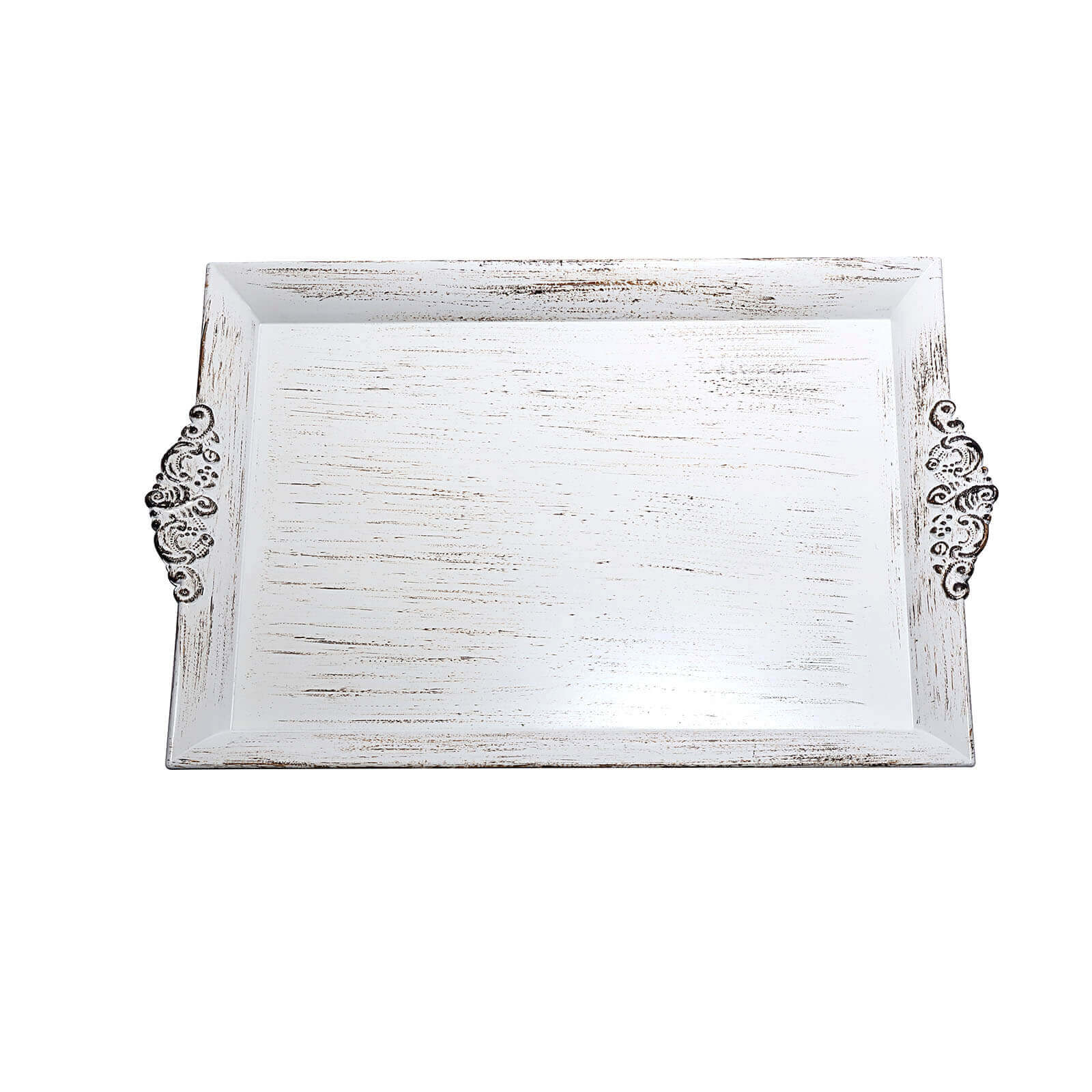 2-Pack Acrylic Rectangle Serving Trays 14"x10" in White Wash with Embossed Handles, Antique Decorative Dinner Party Food Platters
