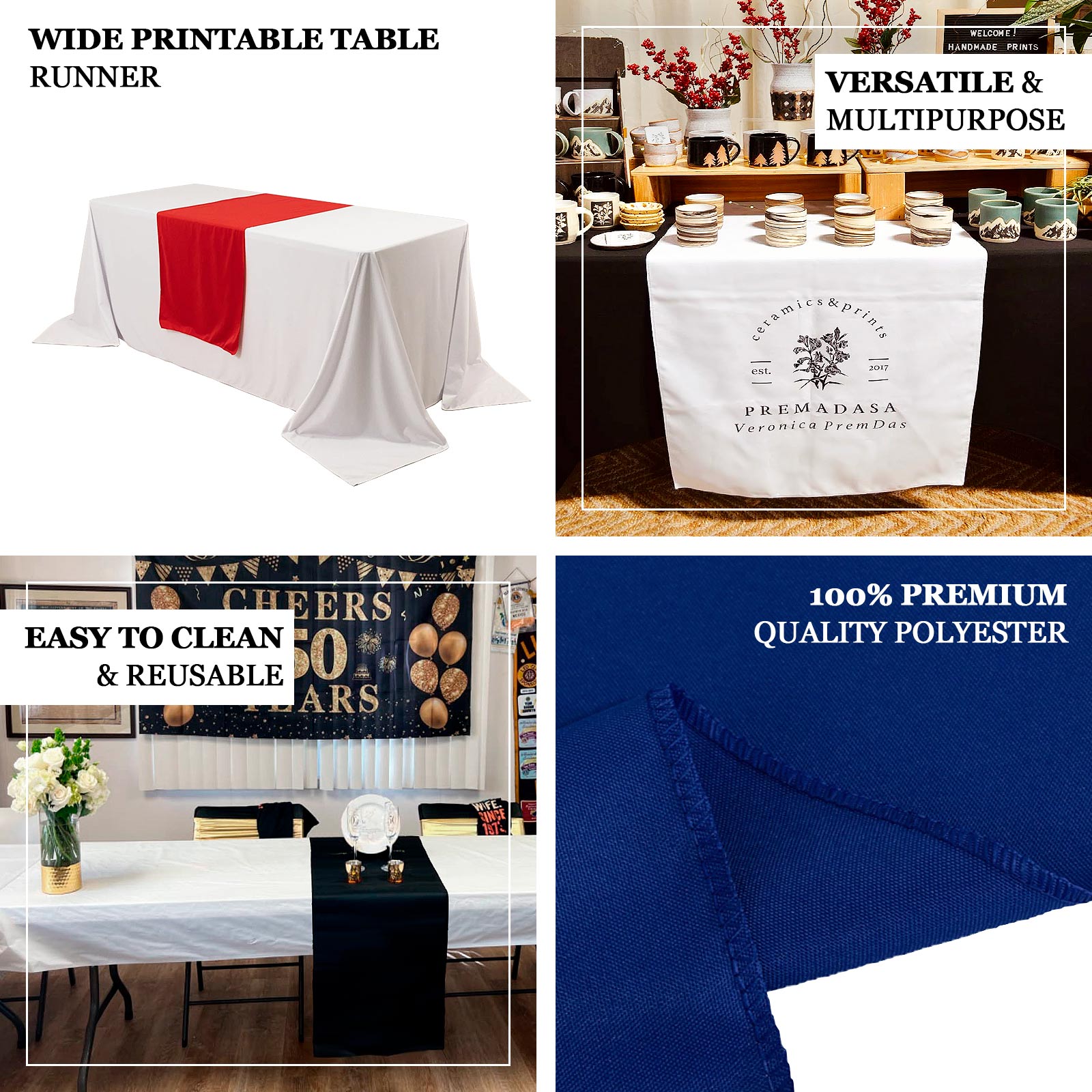 Wide Premium Polyester 24"x72" Table Runner Navy Blue - Sublimation Printable Banner - Bell Racket Store